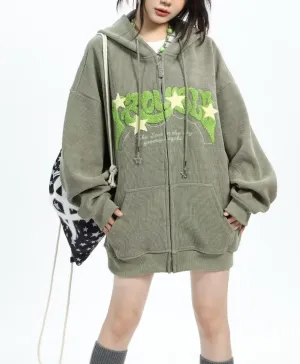 Sumleno Y2K Zip Up Hoodie Letter Print Star Graphic Grunge Hooded Corduroy Sweatshirt Jacket Oversized Retro Y2k Clothing