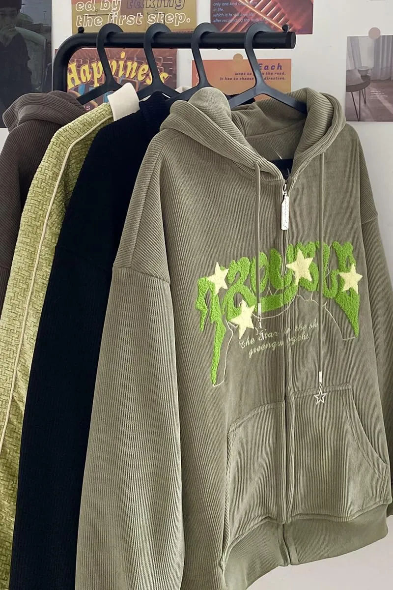 Sumleno Y2K Zip Up Hoodie Letter Print Star Graphic Grunge Hooded Corduroy Sweatshirt Jacket Oversized Retro Y2k Clothing