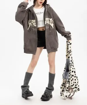 Sumleno Y2K Zip Up Hoodie Letter Print Star Graphic Grunge Hooded Corduroy Sweatshirt Jacket Oversized Retro Y2k Clothing
