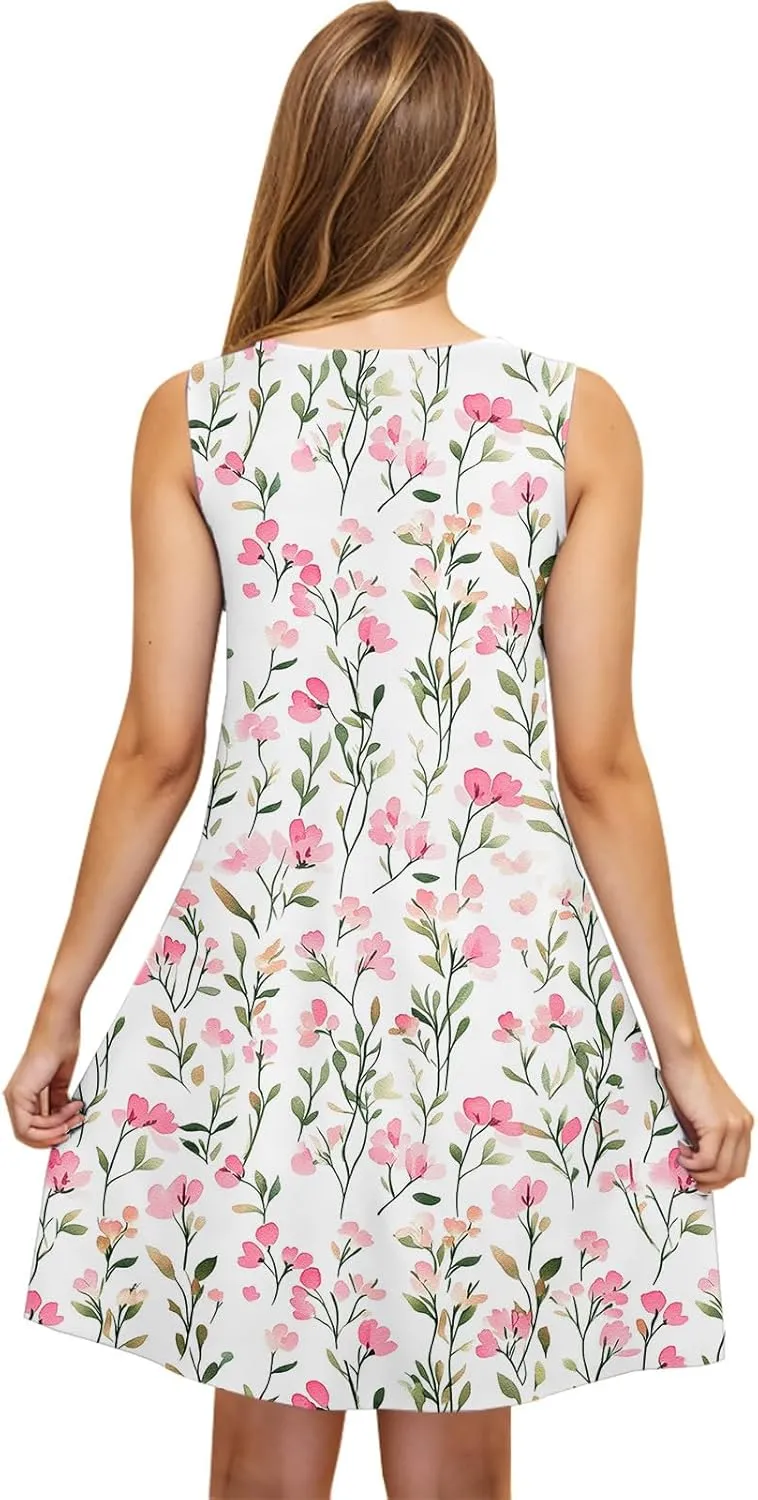 Summer Floral Tank Dresses for Women Sleeveless Mini Tunic Dress Beach Holiday Ruffle Swing Sundress Bikini Cover Up