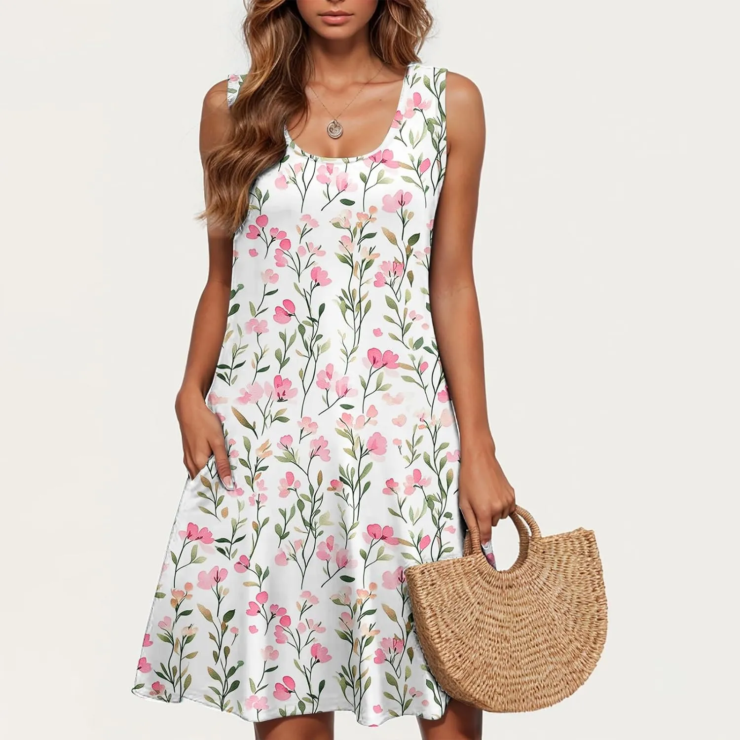 Summer Floral Tank Dresses for Women Sleeveless Mini Tunic Dress Beach Holiday Ruffle Swing Sundress Bikini Cover Up
