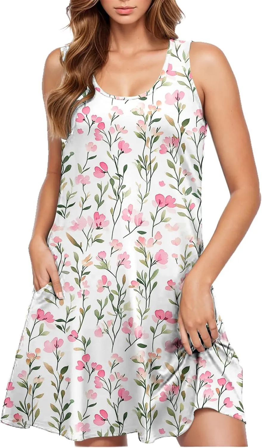 Summer Floral Tank Dresses for Women Sleeveless Mini Tunic Dress Beach Holiday Ruffle Swing Sundress Bikini Cover Up