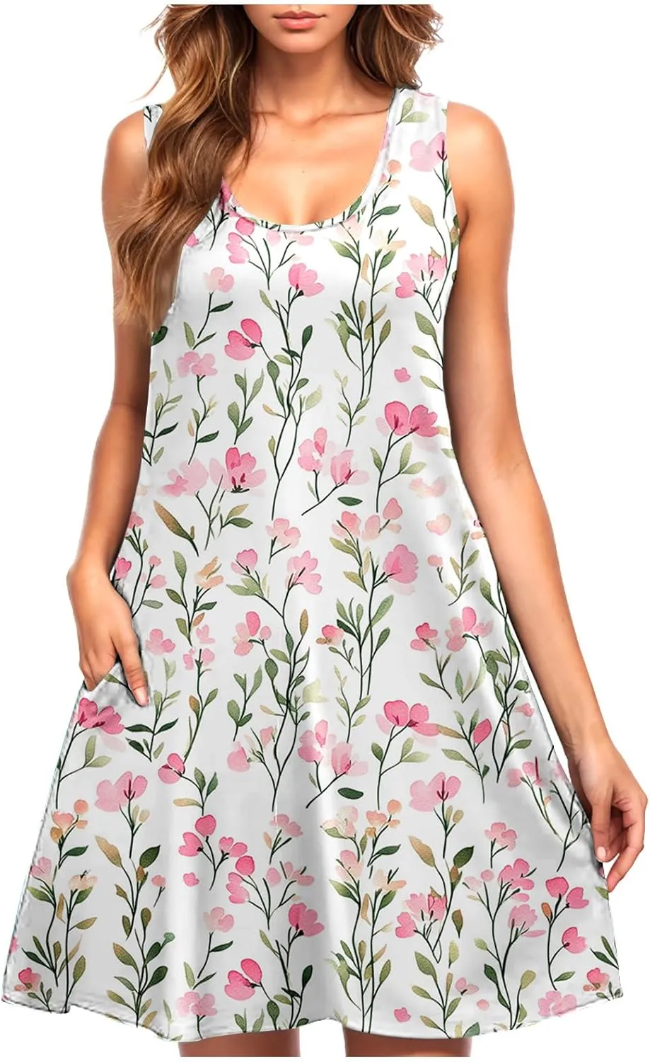 Summer Floral Tank Dresses for Women Sleeveless Mini Tunic Dress Beach Holiday Ruffle Swing Sundress Bikini Cover Up