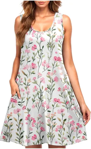 Summer Floral Tank Dresses for Women Sleeveless Mini Tunic Dress Beach Holiday Ruffle Swing Sundress Bikini Cover Up