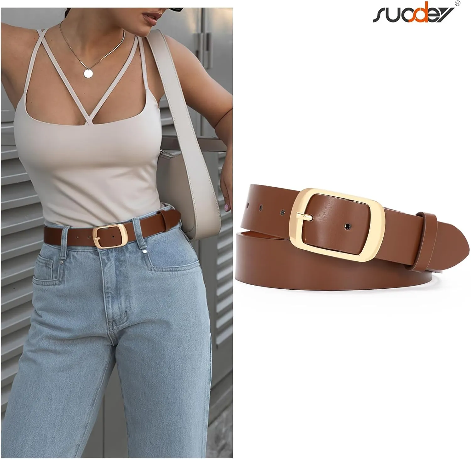 SUOSDEY Fashion Womens Leather Belt, Soft Leather Waist Belt with Pin Buckle for Jeans Pants,width 1.3"
