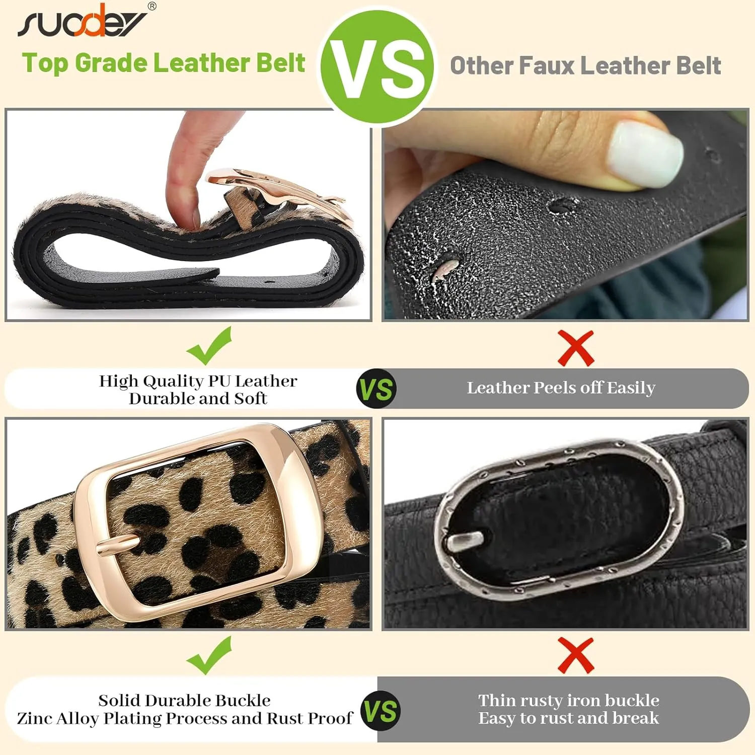 SUOSDEY Fashion Womens Leather Belt, Soft Leather Waist Belt with Pin Buckle for Jeans Pants,width 1.3"