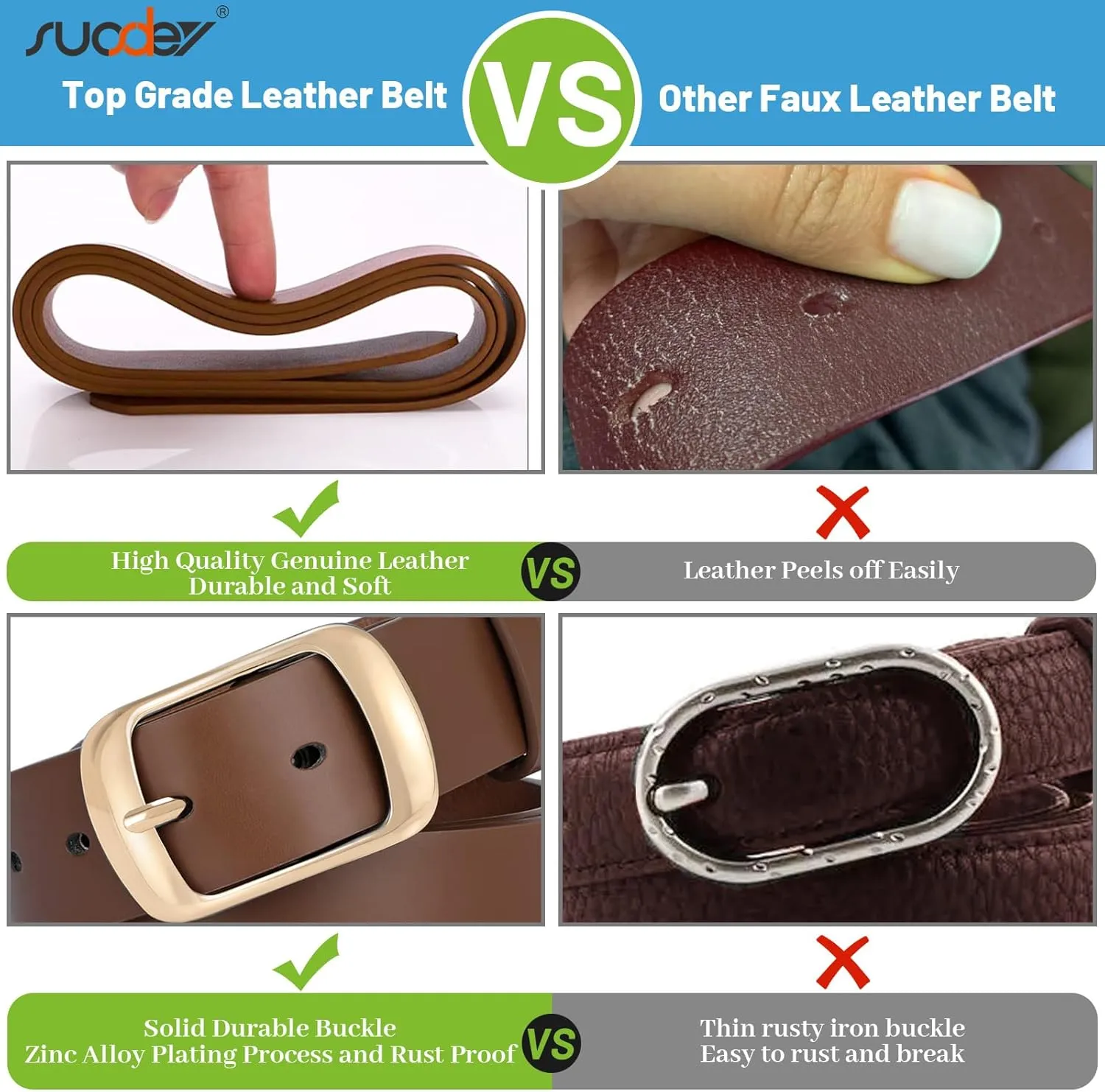 SUOSDEY Fashion Womens Leather Belt, Soft Leather Waist Belt with Pin Buckle for Jeans Pants,width 1.3"