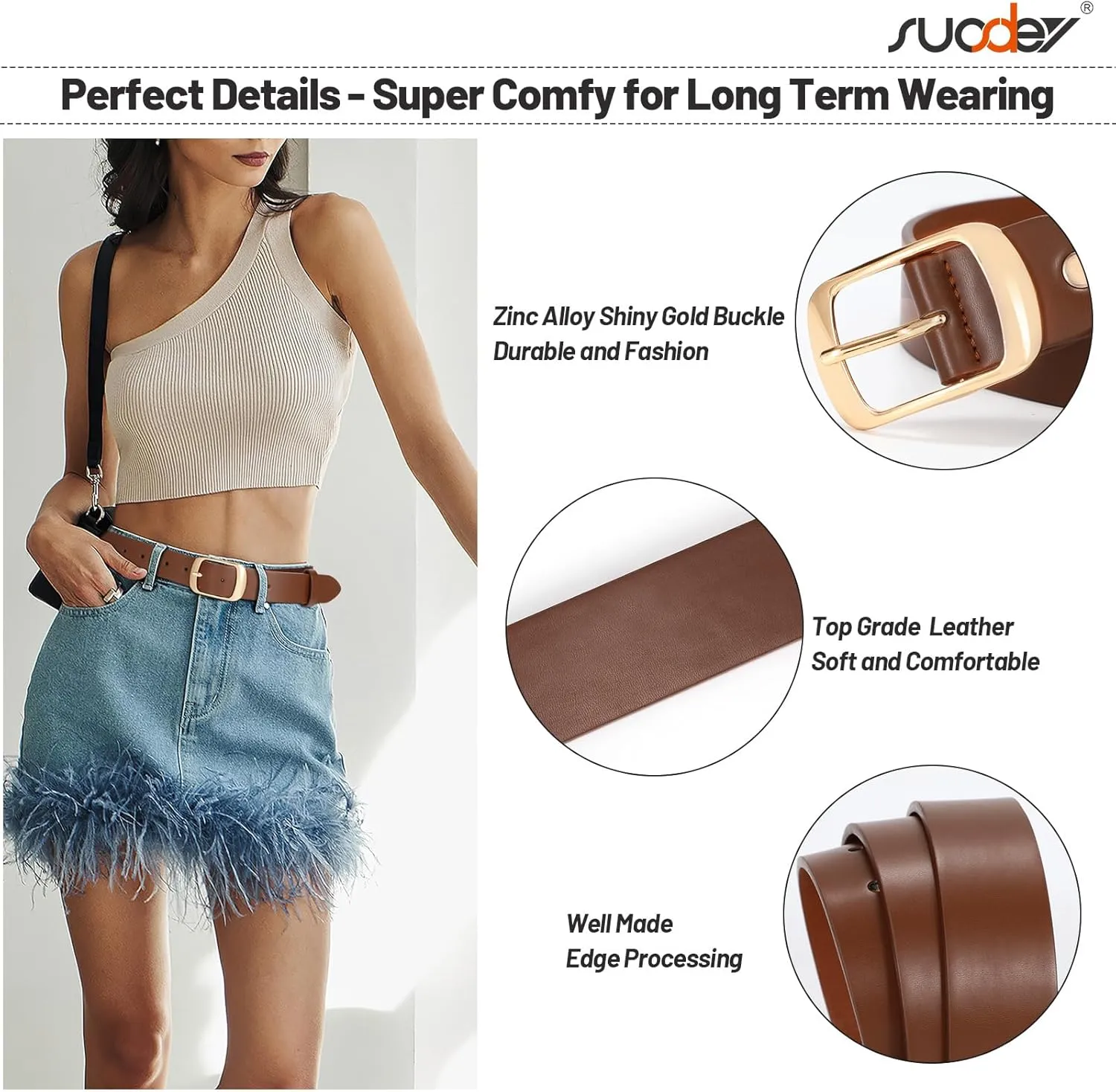 SUOSDEY Fashion Womens Leather Belt, Soft Leather Waist Belt with Pin Buckle for Jeans Pants,width 1.3"