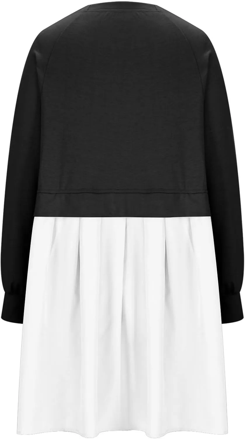 Sweatshirt Dresses for Women 2024 Casual Long Sleeve Patchwork Tops Oversized Crewneck Pullover Fashion Mini Dress