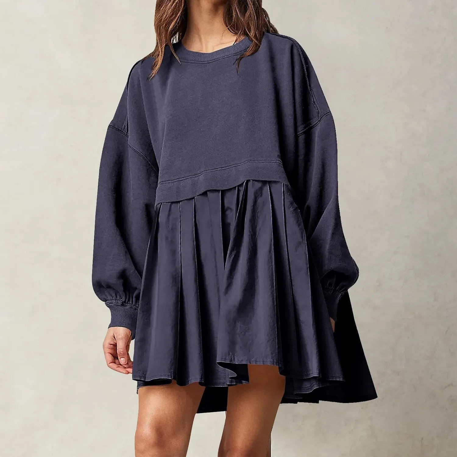 Sweatshirt Dresses for Women 2024 Casual Long Sleeve Patchwork Tops Oversized Crewneck Pullover Fashion Mini Dress