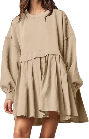Sweatshirt Dresses for Women 2024 Casual Long Sleeve Patchwork Tops Oversized Crewneck Pullover Fashion Mini Dress