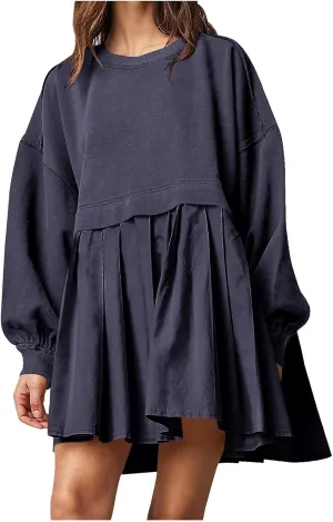 Sweatshirt Dresses for Women 2024 Casual Long Sleeve Patchwork Tops Oversized Crewneck Pullover Fashion Mini Dress