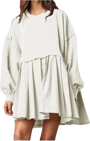 Sweatshirt Dresses for Women 2024 Casual Long Sleeve Patchwork Tops Oversized Crewneck Pullover Fashion Mini Dress