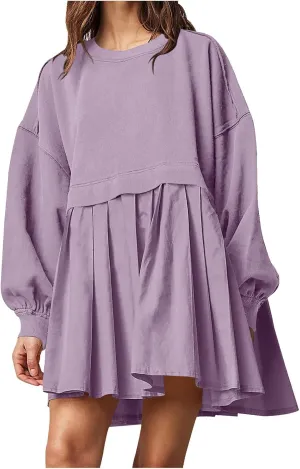 Sweatshirt Dresses for Women 2024 Casual Long Sleeve Patchwork Tops Oversized Crewneck Pullover Fashion Mini Dress