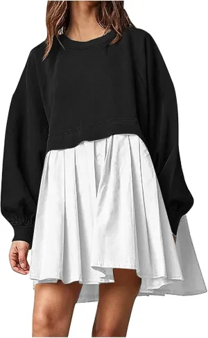 Sweatshirt Dresses for Women 2024 Casual Long Sleeve Patchwork Tops Oversized Crewneck Pullover Fashion Mini Dress
