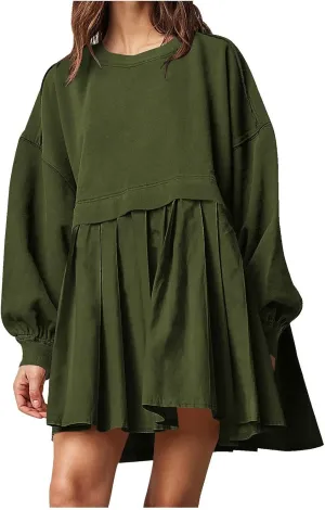 Sweatshirt Dresses for Women 2024 Casual Long Sleeve Patchwork Tops Oversized Crewneck Pullover Fashion Mini Dress