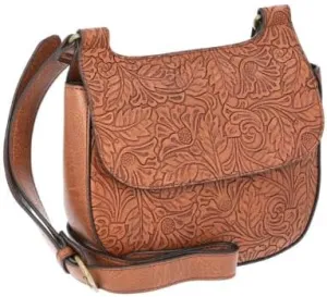 The Pi.oneer Woman Tooled Faux Leather Saddle Bag with Adjustable Crossbody Strap  Cognac  Womens Western-Inspired Handbag