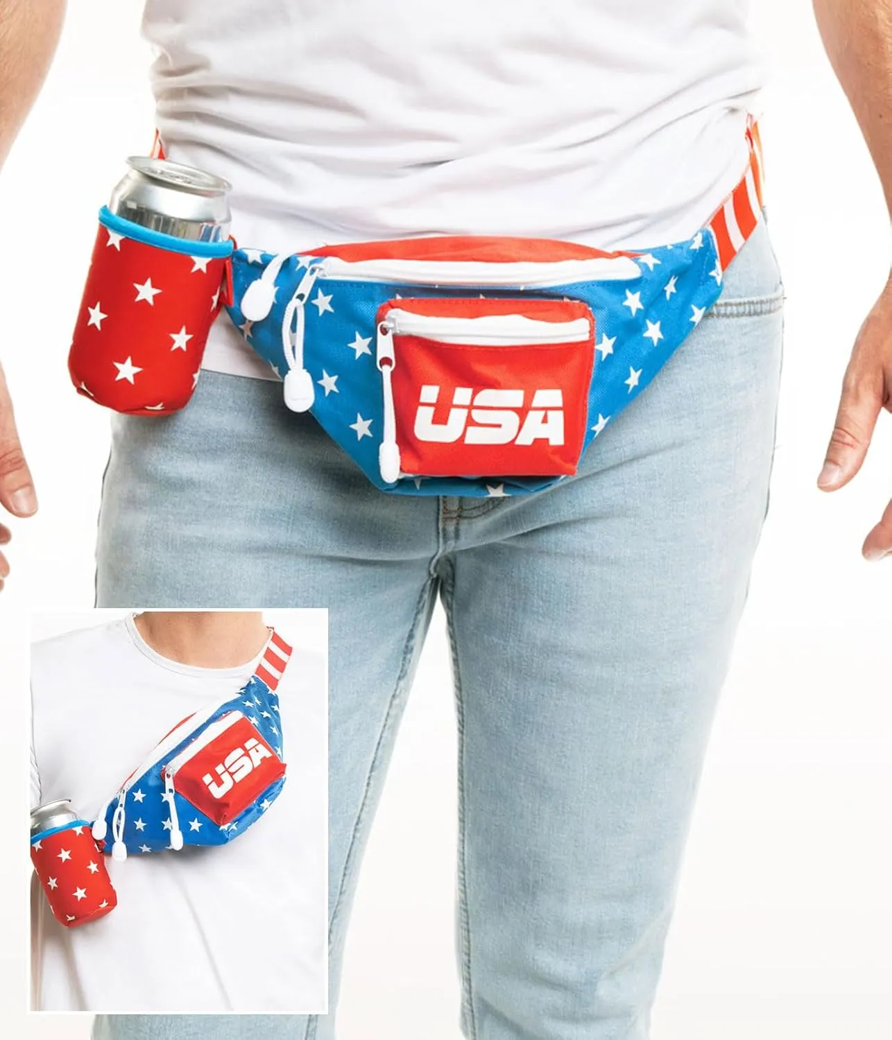 Tipsy Elves Dream Team Fanny Pack With Detachable Drink Carrier - American Flag Waist Pack for July 4th BBQs Multiple Zipper Pockets Store Phone Keys Wallet Essentials (Red White Blue)