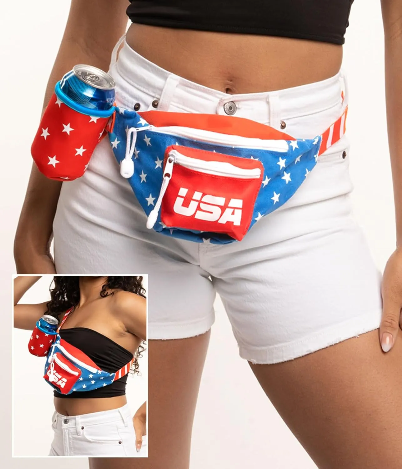 Tipsy Elves Dream Team Fanny Pack With Detachable Drink Carrier - American Flag Waist Pack for July 4th BBQs Multiple Zipper Pockets Store Phone Keys Wallet Essentials (Red White Blue)