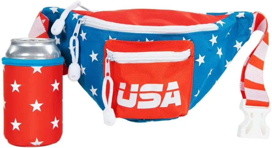 Tipsy Elves Dream Team Fanny Pack With Detachable Drink Carrier - American Flag Waist Pack for July 4th BBQs Multiple Zipper Pockets Store Phone Keys Wallet Essentials (Red White Blue)