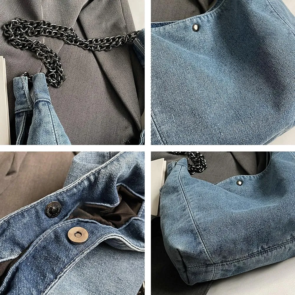 Trendy Women's Denim Shoulder Purse Soft Blue Jeans Tote Bag Large Top Handle Handbags with Chain for Daily Use