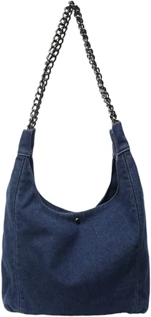 Trendy Women's Denim Shoulder Purse Soft Blue Jeans Tote Bag Large Top Handle Handbags with Chain for Daily Use