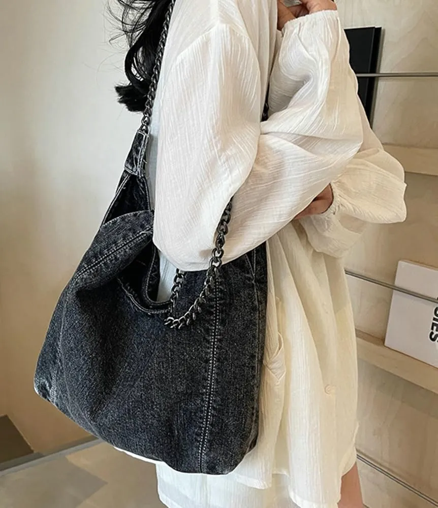 Trendy Women's Denim Shoulder Purse Soft Blue Jeans Tote Bag Large Top Handle Handbags with Chain for Daily Use