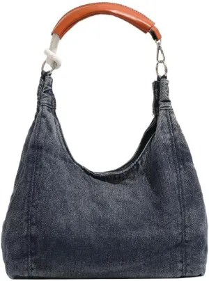 Trendy Women's Denim Shoulder Purse Soft Blue Jeans Tote Bag Large Top Handle Handbags with Chain for Daily Use