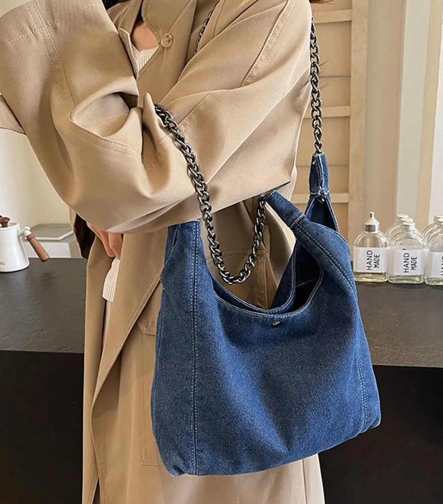 Trendy Women's Denim Shoulder Purse Soft Blue Jeans Tote Bag Large Top Handle Handbags with Chain for Daily Use