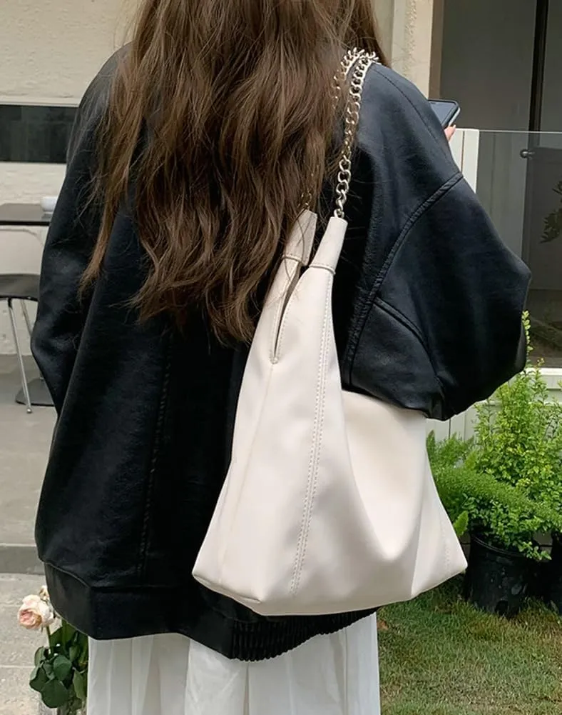 Trendy Women's Denim Shoulder Purse Soft Blue Jeans Tote Bag Large Top Handle Handbags with Chain for Daily Use