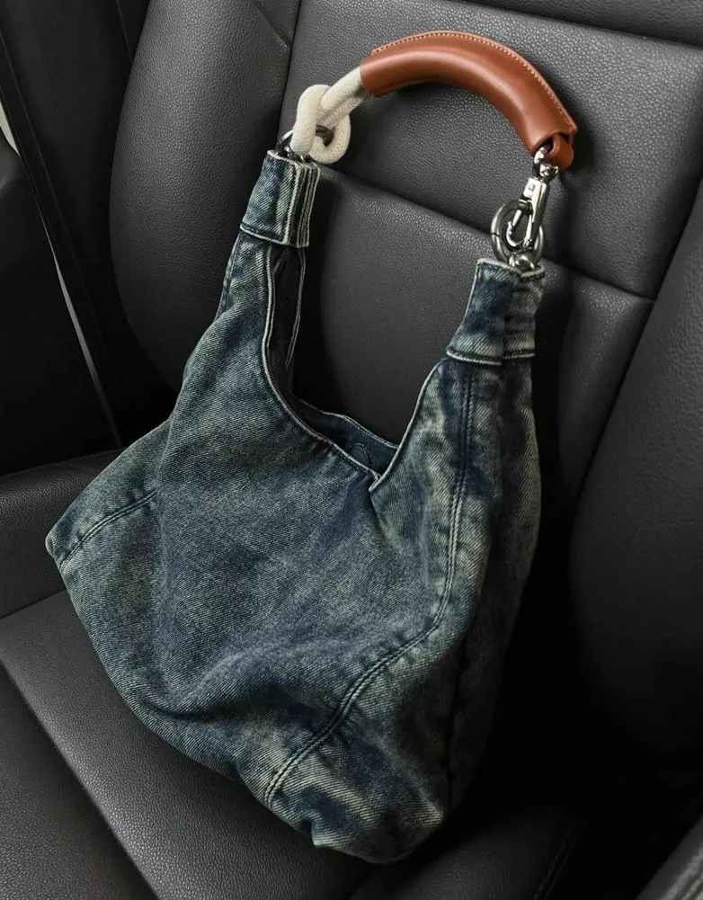 Trendy Women's Denim Shoulder Purse Soft Blue Jeans Tote Bag Large Top Handle Handbags with Chain for Daily Use