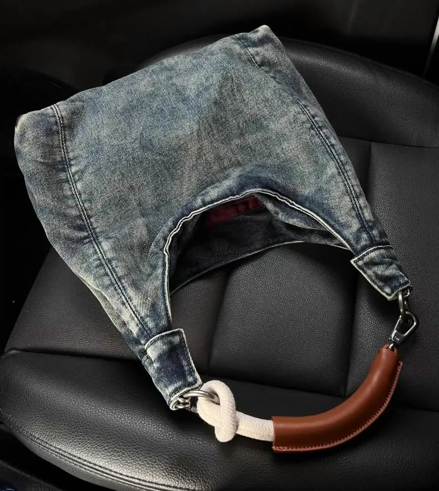 Trendy Women's Denim Shoulder Purse Soft Blue Jeans Tote Bag Large Top Handle Handbags with Chain for Daily Use