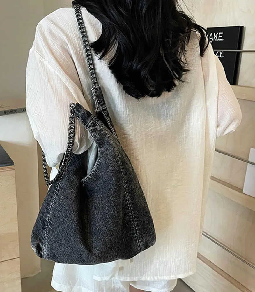 Trendy Women's Denim Shoulder Purse Soft Blue Jeans Tote Bag Large Top Handle Handbags with Chain for Daily Use