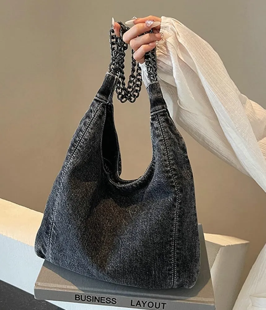 Trendy Women's Denim Shoulder Purse Soft Blue Jeans Tote Bag Large Top Handle Handbags with Chain for Daily Use