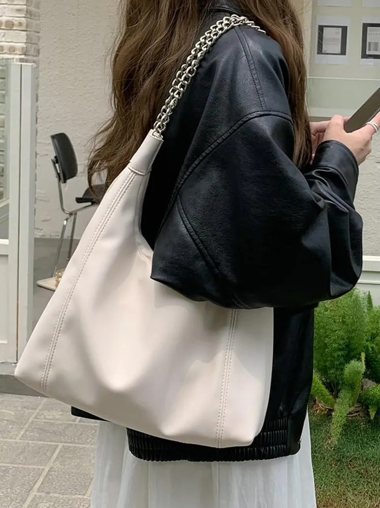 Trendy Women's Denim Shoulder Purse Soft Blue Jeans Tote Bag Large Top Handle Handbags with Chain for Daily Use