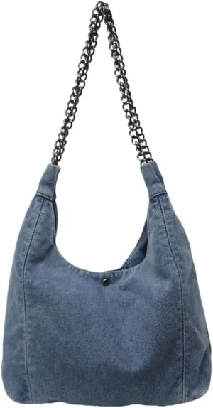 Trendy Women's Denim Shoulder Purse Soft Blue Jeans Tote Bag Large Top Handle Handbags with Chain for Daily Use