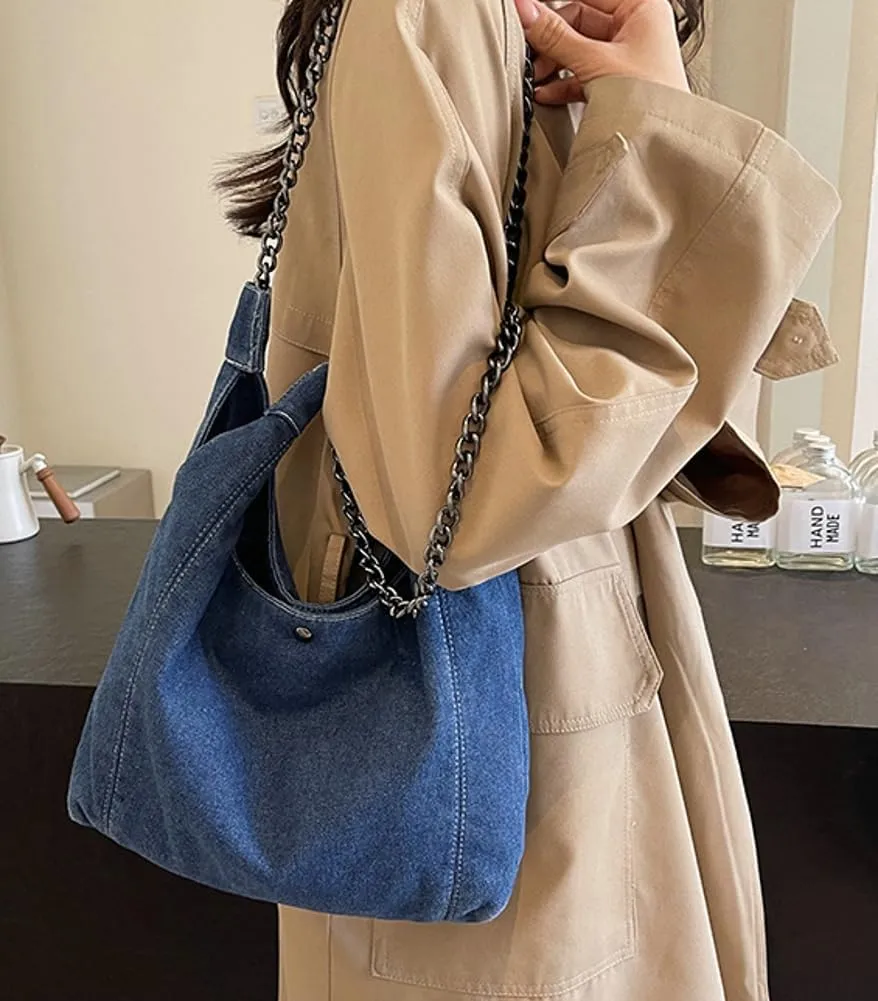 Trendy Women's Denim Shoulder Purse Soft Blue Jeans Tote Bag Large Top Handle Handbags with Chain for Daily Use