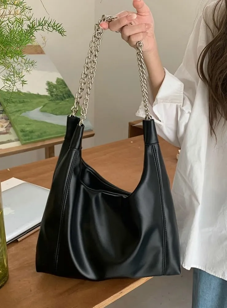 Trendy Women's Denim Shoulder Purse Soft Blue Jeans Tote Bag Large Top Handle Handbags with Chain for Daily Use
