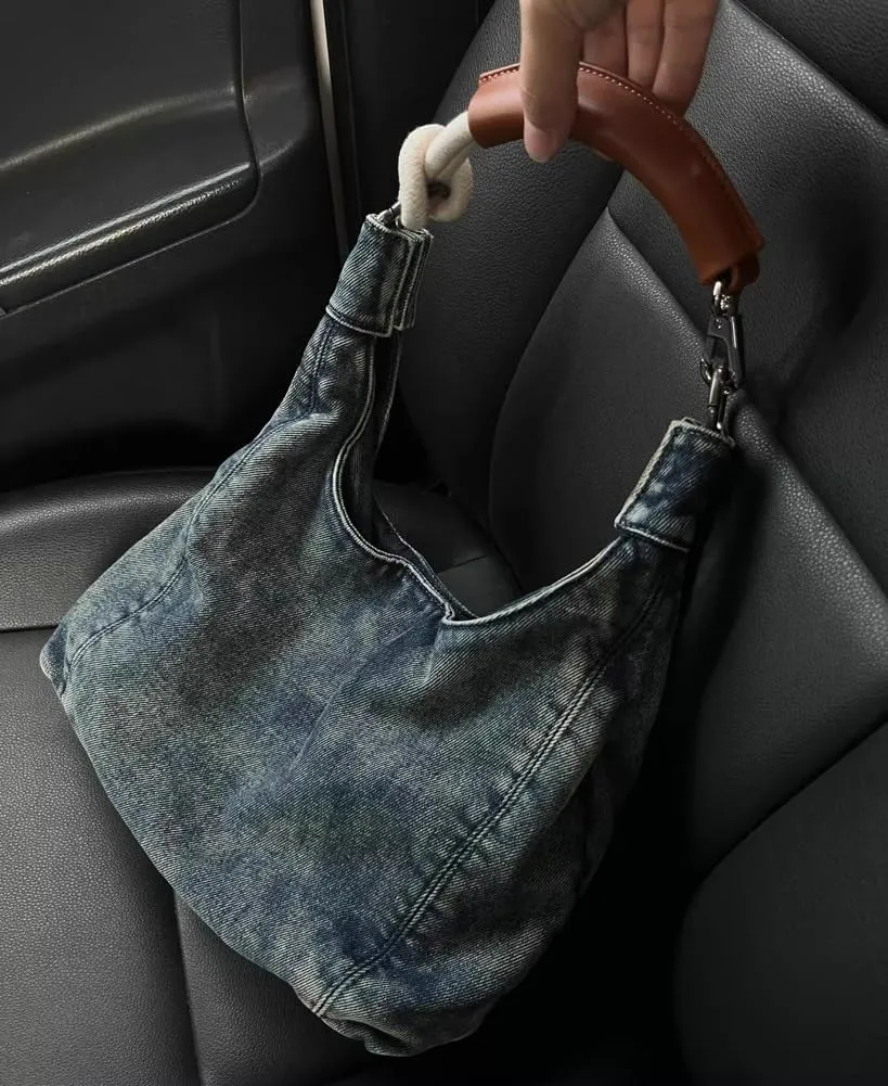 Trendy Women's Denim Shoulder Purse Soft Blue Jeans Tote Bag Large Top Handle Handbags with Chain for Daily Use