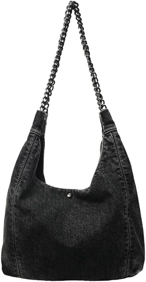 Trendy Women's Denim Shoulder Purse Soft Blue Jeans Tote Bag Large Top Handle Handbags with Chain for Daily Use