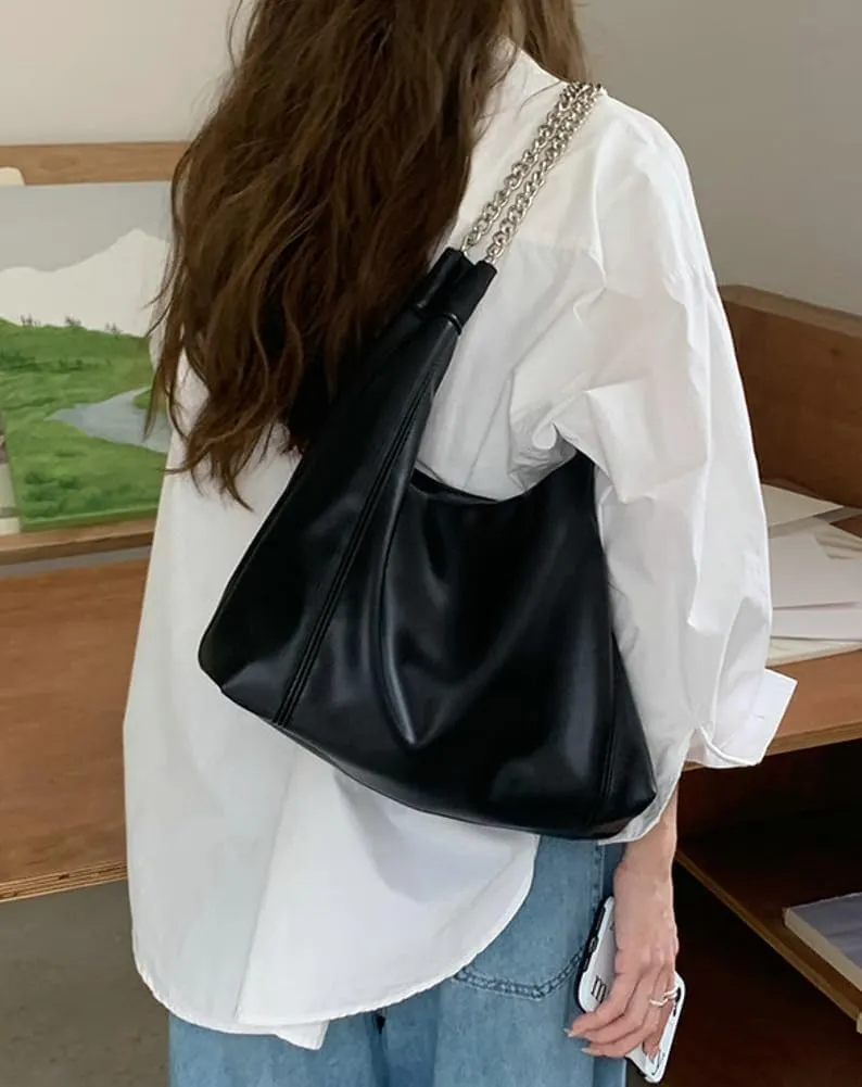 Trendy Women's Denim Shoulder Purse Soft Blue Jeans Tote Bag Large Top Handle Handbags with Chain for Daily Use