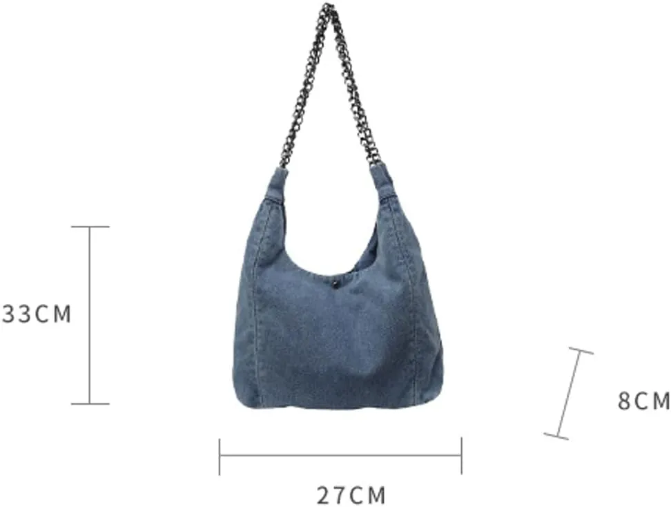 Trendy Women's Denim Shoulder Purse Soft Blue Jeans Tote Bag Large Top Handle Handbags with Chain for Daily Use