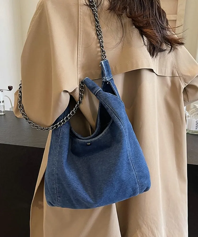 Trendy Women's Denim Shoulder Purse Soft Blue Jeans Tote Bag Large Top Handle Handbags with Chain for Daily Use
