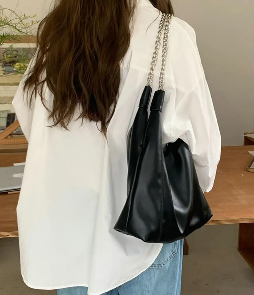 Trendy Women's Denim Shoulder Purse Soft Blue Jeans Tote Bag Large Top Handle Handbags with Chain for Daily Use