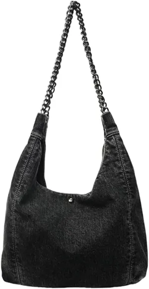 Trendy Women's Denim Shoulder Purse Soft Blue Jeans Tote Bag Large Top Handle Handbags with Chain for Daily Use