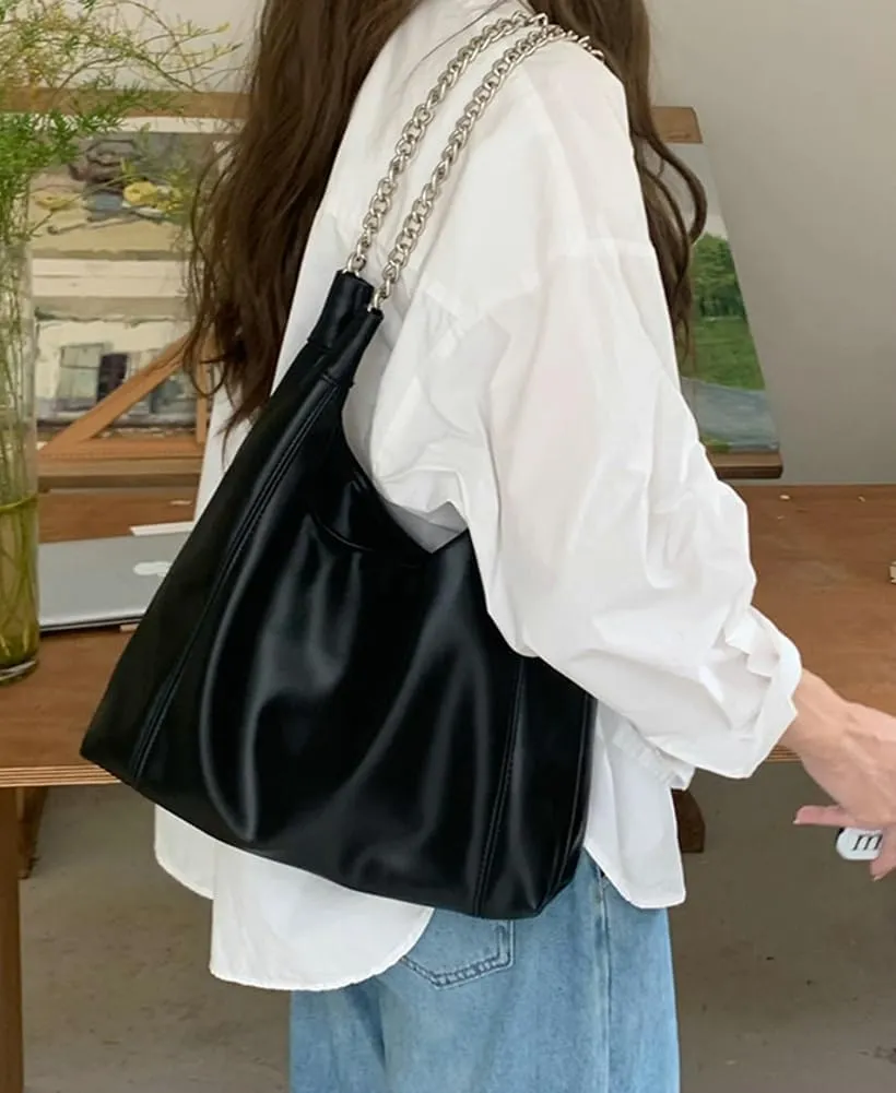 Trendy Women's Denim Shoulder Purse Soft Blue Jeans Tote Bag Large Top Handle Handbags with Chain for Daily Use