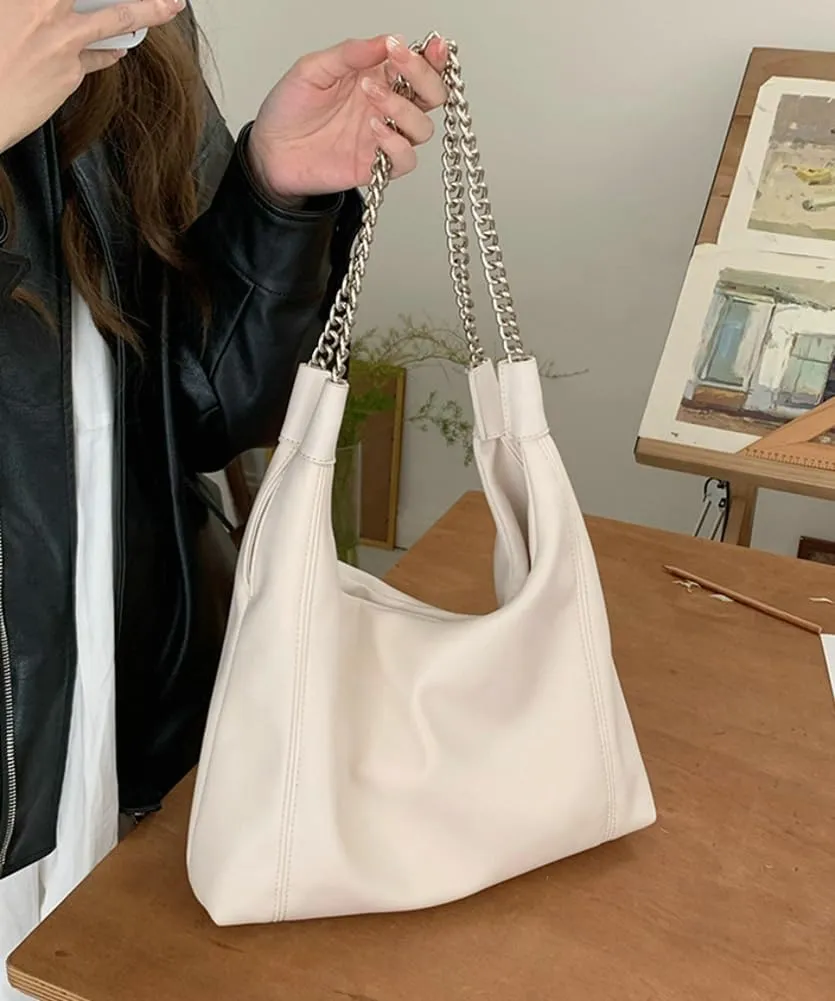 Trendy Women's Denim Shoulder Purse Soft Blue Jeans Tote Bag Large Top Handle Handbags with Chain for Daily Use