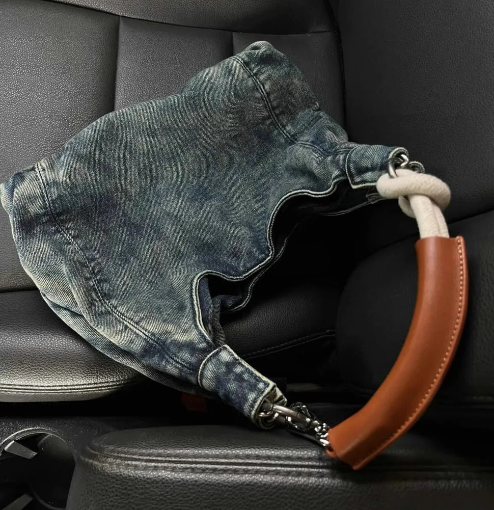 Trendy Women's Denim Shoulder Purse Soft Blue Jeans Tote Bag Large Top Handle Handbags with Chain for Daily Use