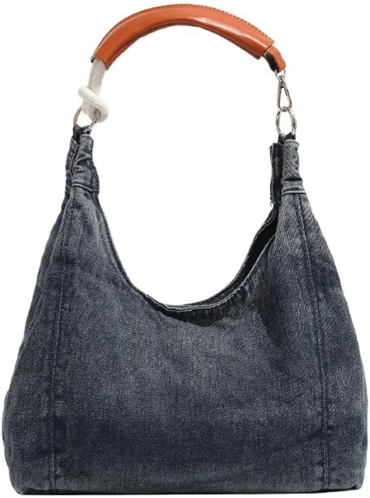 Trendy Women's Denim Shoulder Purse Soft Blue Jeans Tote Bag Large Top Handle Handbags with Chain for Daily Use