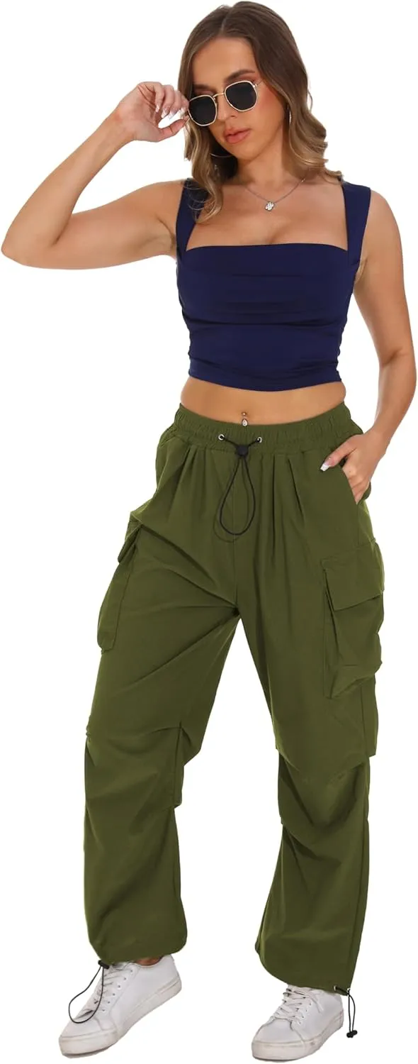TSMNZMU Womens Baggy Cargo Pants Casual Hiking Trousers Loose Fit Parachute Pants Y2K Hight Waist Mutil Pocket Trousers